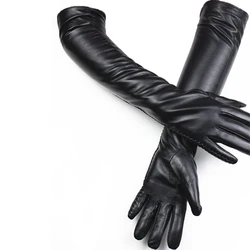 Guantes de piel de oveja de 50cm de largo para mujer, forro fino de terciopelo, guantes de dedo negros cálidos para otoño e invierno, envío gratis