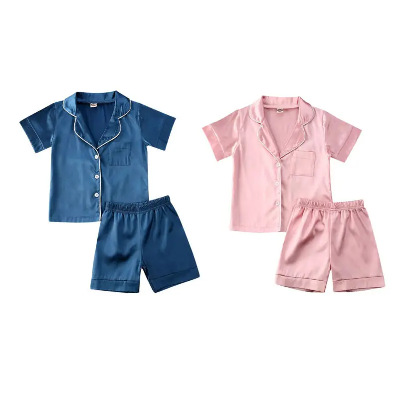 Pudcoco US Stock 1-6T Kids Baby Boys Girls Silk Pajamas Sleepwear Outfit Short Sleeve Solid Shirt + Pants Nightwear Set