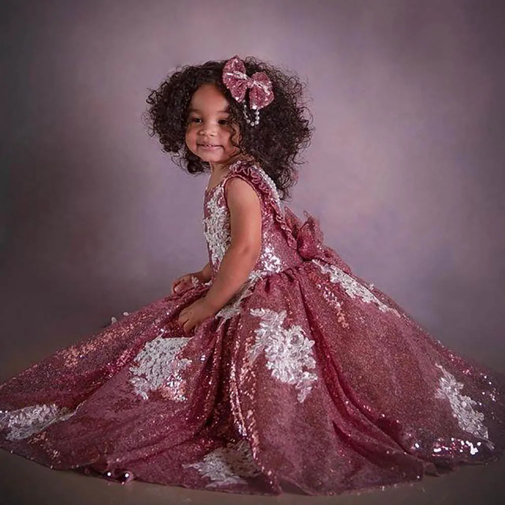 Sparkly Backless Flower Girl Dresses Ball Gown Lace Sequined Pearls Lilttle Kids Birthday Pageant Weddding Gowns