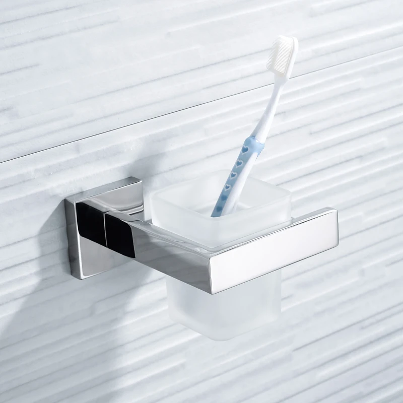 

Wall-Mounted Toothbrush Holder with Frosted Glass Cup Stainless Steel Chrome Bracket