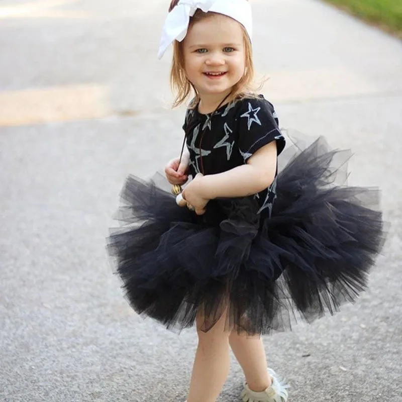 Girls Black White Tutu Skirts Kids Ballet Tulle Pettiskirts Underskirt with Ribbon Bow Children Halloween Party Costume Skirts