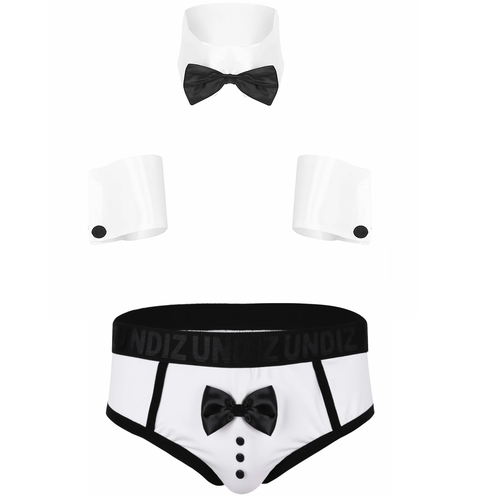 

Men Sexy Lingerie Set Nightclub Role Play Uniform Costumes Nightwear Collar+Cuffs+Color Block Bow Tie Tuxedo Briefs Underwear