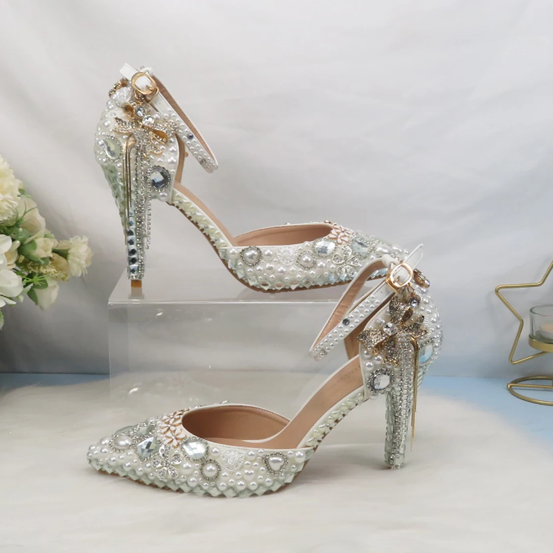 Customized Women Wedding Shoes Fashion Sandals Woman Thin Heel Tassel Crystal Party Dress Shoes Woman High Pumps Ivory Pearl