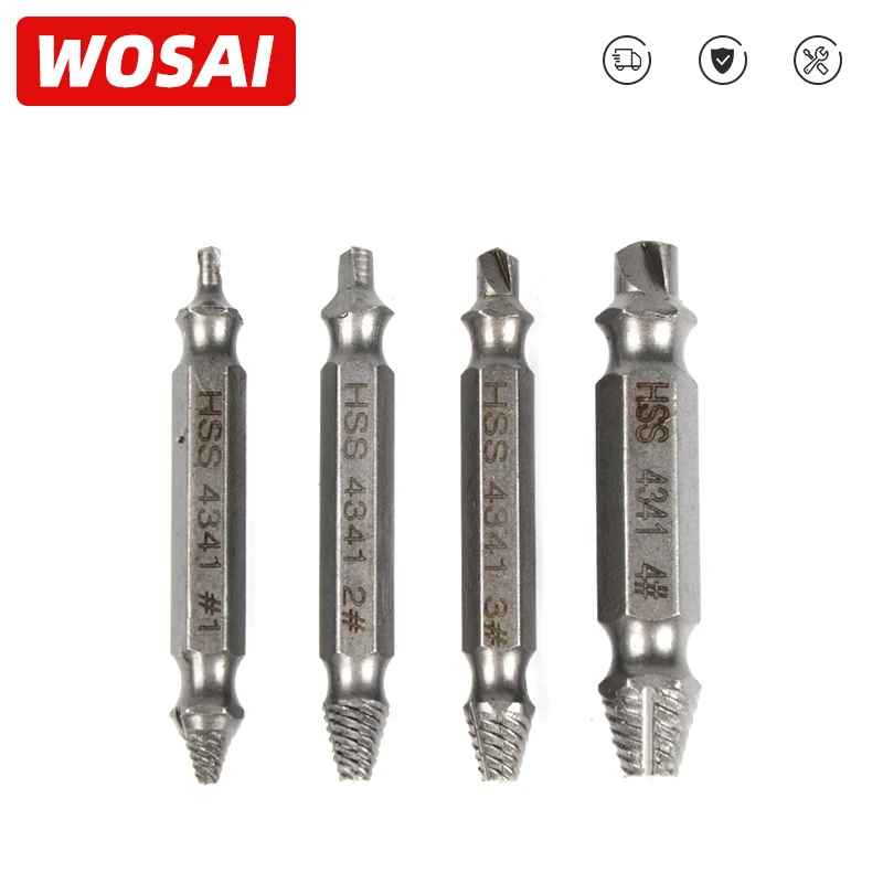 WOSAI 4Pcs HHS Steel Screw Extractor Drill Bit Set Easily Take Out Broken Screw,Bolt Remover Stripped Screws Demolition Tools