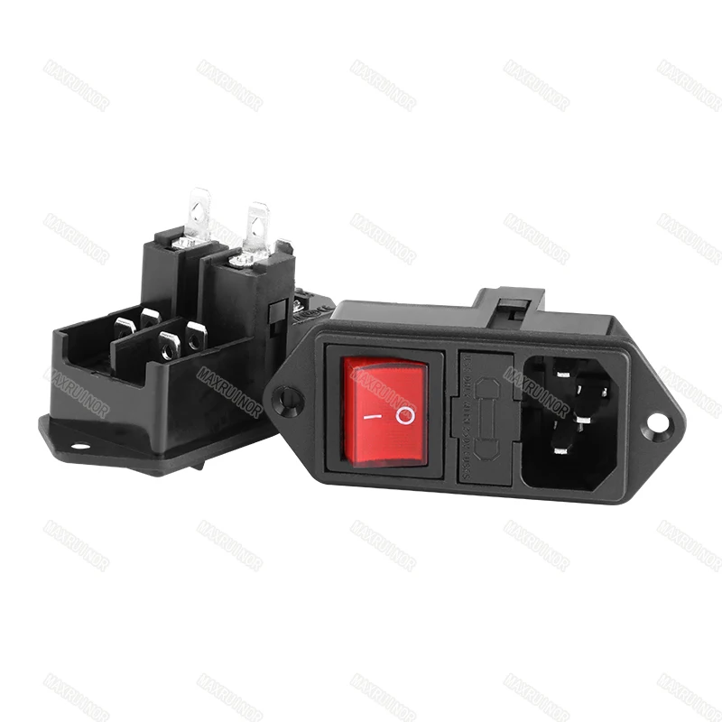 Interruttore a bilanciere con doppio fusibile presa ca rame pieno luce rossa 10A 250V 3pin nero verde rosso