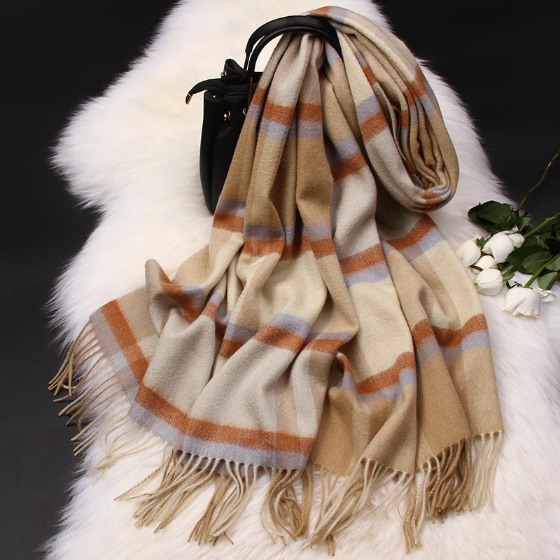 100% Pure Wool Scarf Women Luxury Shawls Wraps Checked Pashmina Foulard Femme Winter Warm Plaid Cashmere Scarves Femme Echarpe