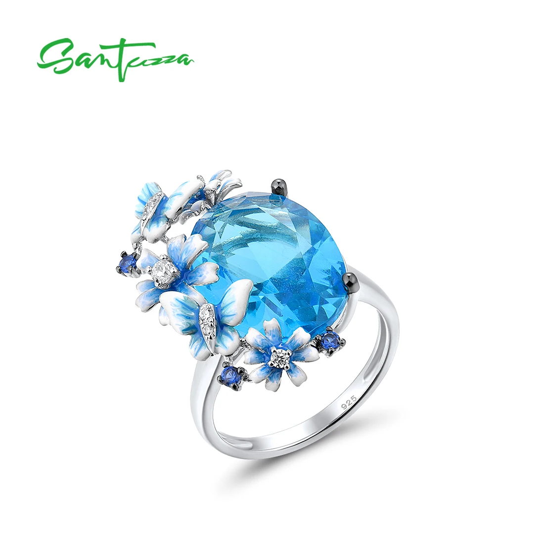 

SANTUZZA 925 Sterling Silver Rings For Women Shiny Oval Blue Stone Handmade Enamel Delicate Flowers Butterfly Ring Fine Jewelry