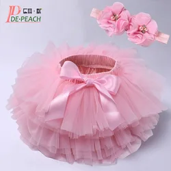 DE PEACH Baby Girl Diapers Cover Shorts Skirts+Headband Set Infant Newborn Kids Fluffy Pettiskirt Girls Tulle Lace Tutu Skirts