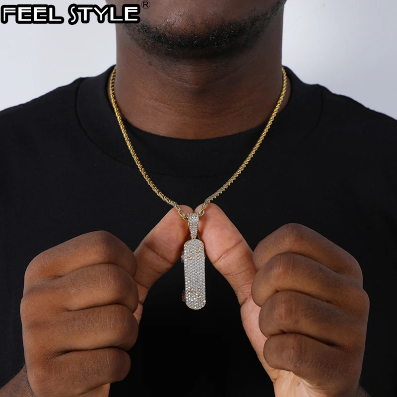 Hip Hop Iced Out AAA+ Bling Cubic Zirconia Skateboard Necklaces & Pendants For Men Women Rapper Jewelry