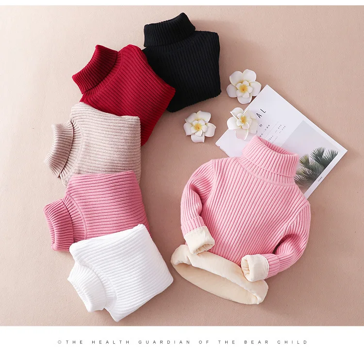 2-14 Boy Winter Fashion Striped Kids Plush Warm Sweater Long-Sleeve Girls Clothes Child Coat Turtleneck Knitted Sweater Outwear