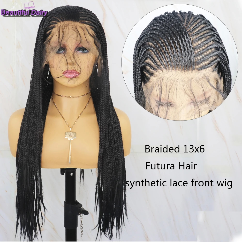 Beautiful Diary 13X6 Deep Part Lace Wigs Long Box Braided Wig with Baby Hair Synthetic Lace Front Wig for Black Women