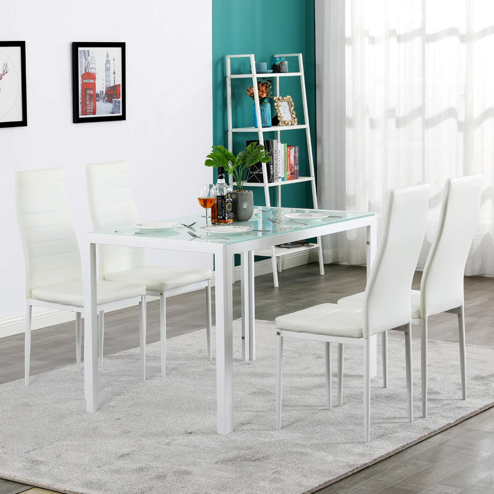 (120 x 70 x 75)cm  5 Piece Dining Table Set GlassTable and 4 Leather Chair for Kitchen Dining White US Warehouse In Stock