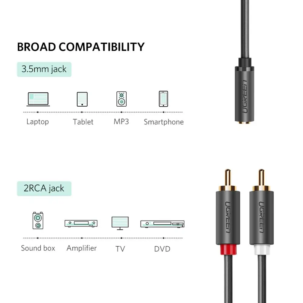 UGREEN-3.5mm 암 2 RCA 수 스테레오 오디오 Y 케이블 어댑터, 오디오 케이블 Aux 케이블 핸드폰 Edifer 홈 시어터 DVD VCD