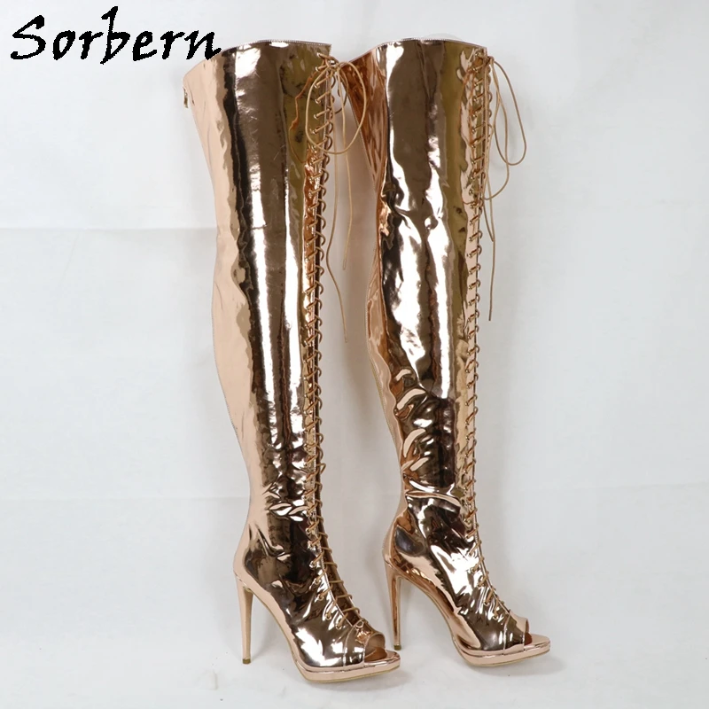 Sorbern Sexy Rose Gold Thigh High Boots Women Lace Up Front Open Toe Fall Females Boots Plus Size Custom Colors Stilettos Heels