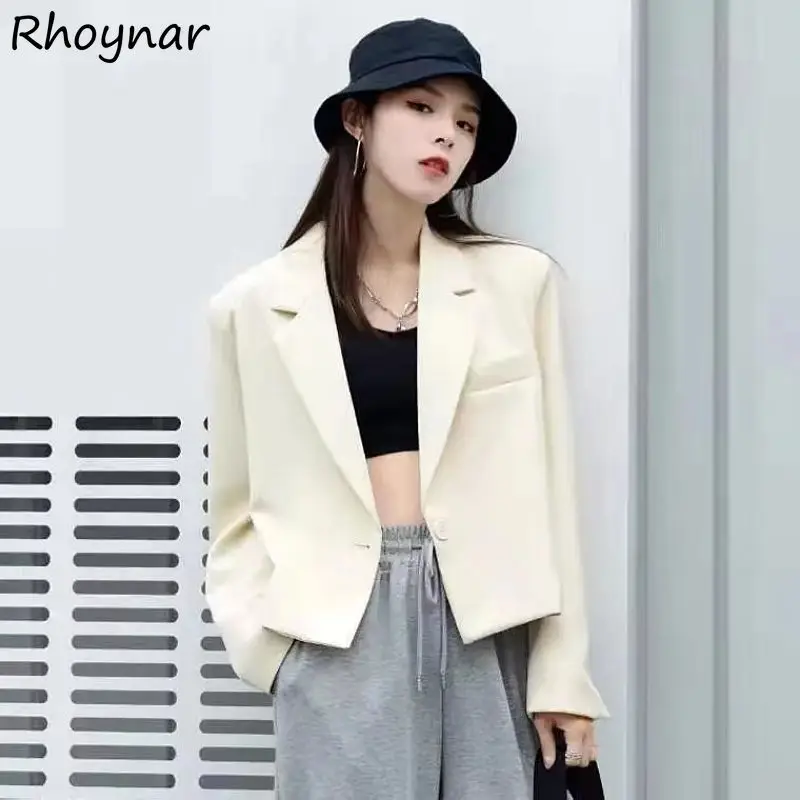 

Blazers Women Cropped Female Clothing Chic Retro Loose Solid Single Button Office Lady Streetwear Soft Casual Preppy Style Ins