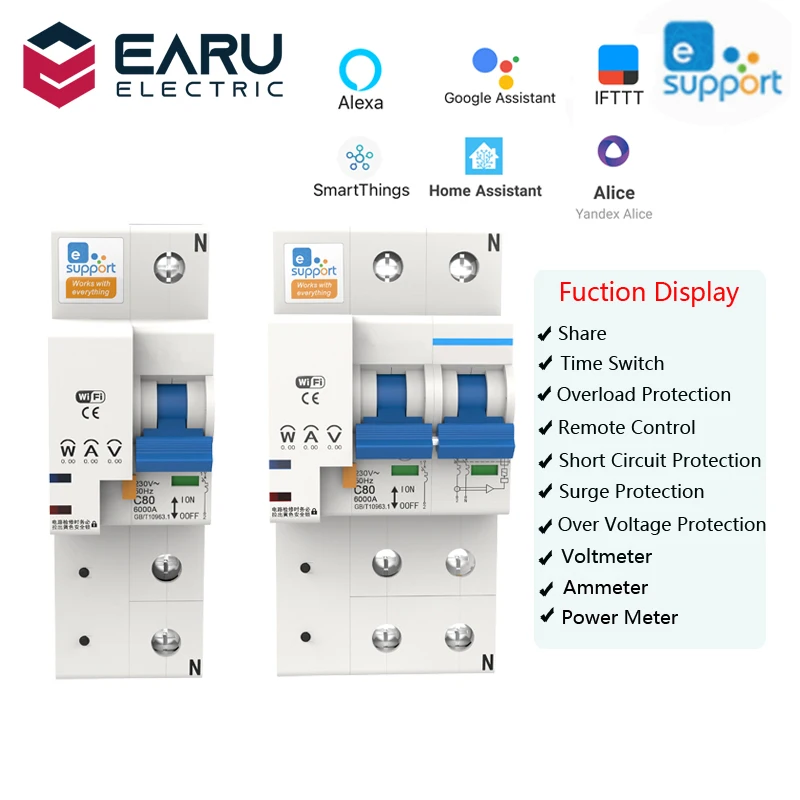 eWelink 1/2P 10-100A 220V Smart WIFI Circuit Breaker Switch Power Energy Consumption kWh Meter Voltmeter Ammeter Voltage Monitor