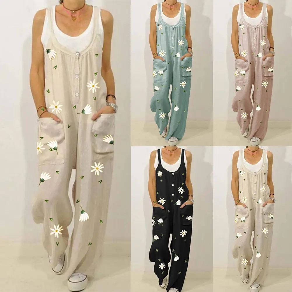 S-5xl Womens Overalls Women Jumpsuits Stylish Button Sleeveless Marguerite Print Pockets Jumpsuit Bib Overall Pants