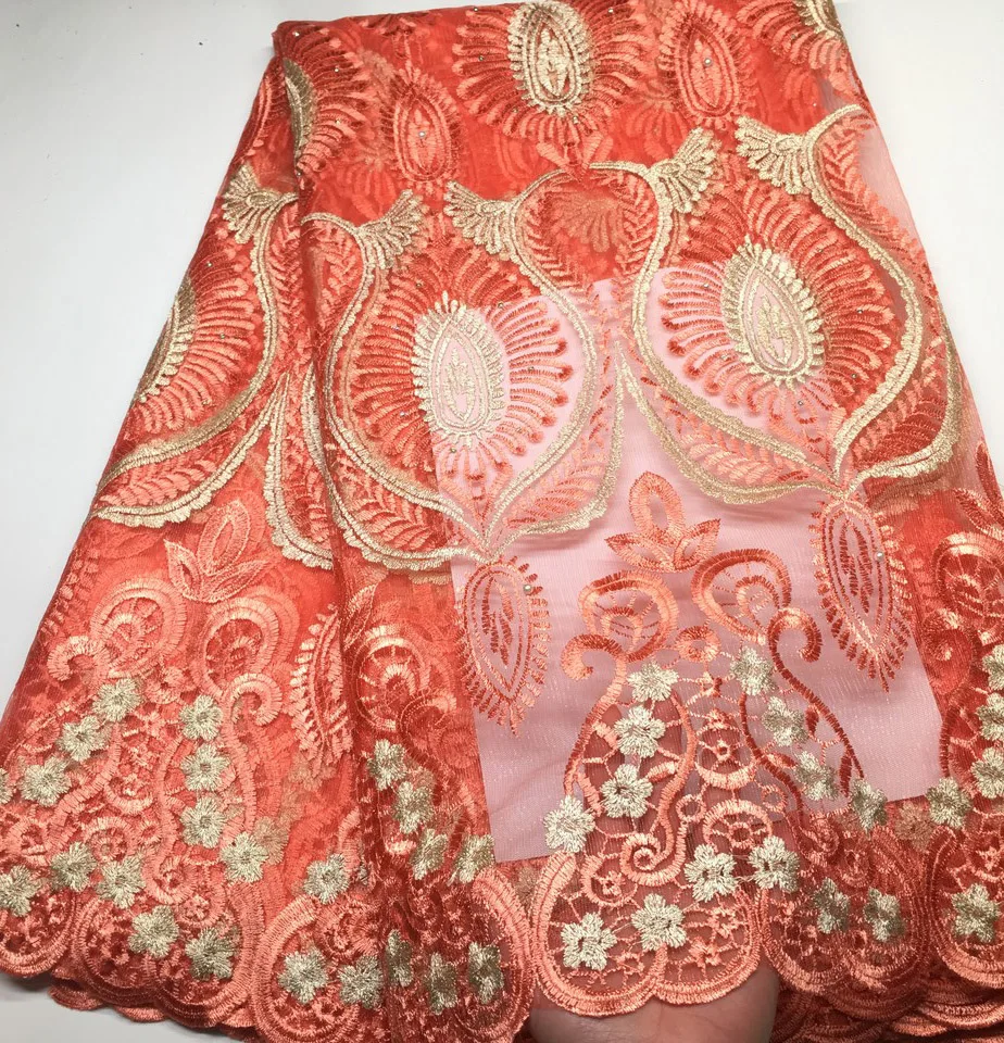 

Peach High Quality Nigerian Lace Fabrics With Beaded African French Net Lace Fabric Embroidered African Tulle Mesh Lace M1936