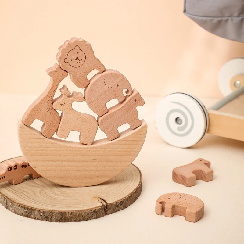 Montessori Baby Wooden Toys Educational Interactive Toys for Kids Animal Stacking Toy Wood Stacked Building Blocks Newborn Gifts