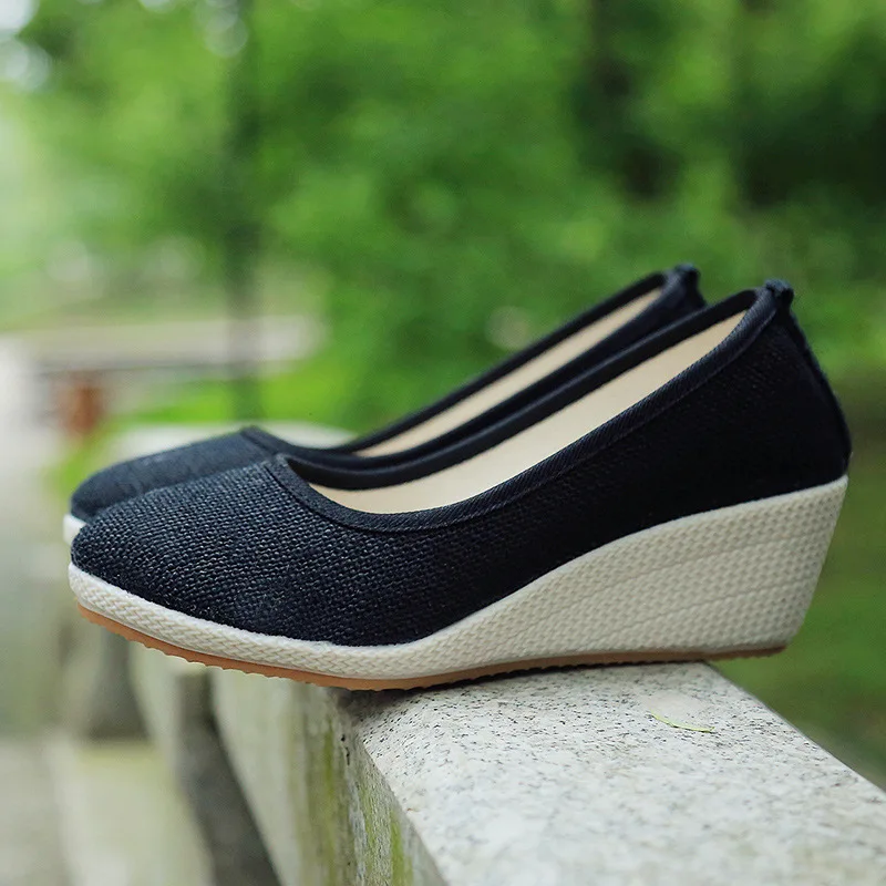 Veowalk Handmade Women Plain Linen Cotton Wedge Espadrilles Vintage Solid Color Ladies High Heel Slip on Platforms Pumps Shoes