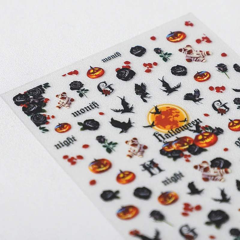 3D Halloween Crow Black Rose Design Adhesive Nail Art Sticker 5D Embossed Reliefs Nail Decoration Decals Wholesale Drop Shipping