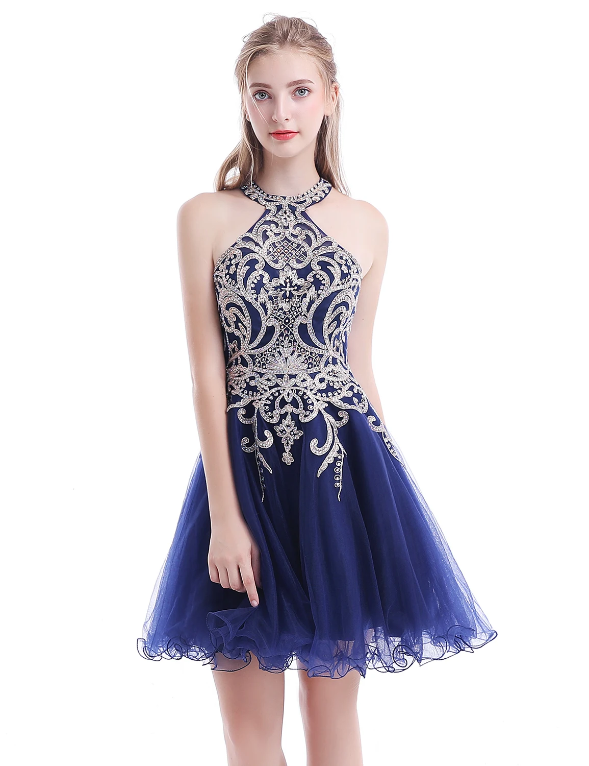 

A-Line Short Tulle Homecoming Dresses Halter With Beadings Flower Mini Prom Gowns Zipper Up Gradutions Dress