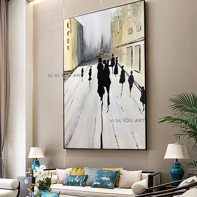 100% Handmake Modern Street Landscape People Abstract Home Decorative Oil Painting on Canvas Art for Living Room Large Size