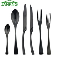 JANKNG 24Pcs 18/10 Stainless Steel Dinnerware Set Black Dinner Silverware Spoon Fork Knife Cutlery Tableware Set Flatware Set