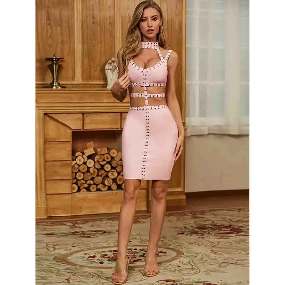 Rocwickline New Summer and Autumn Women's Dress Sexy & Club Solid O-Neck Spaghetti Strap Sheath Hollow Out Bandage Gothic Dress