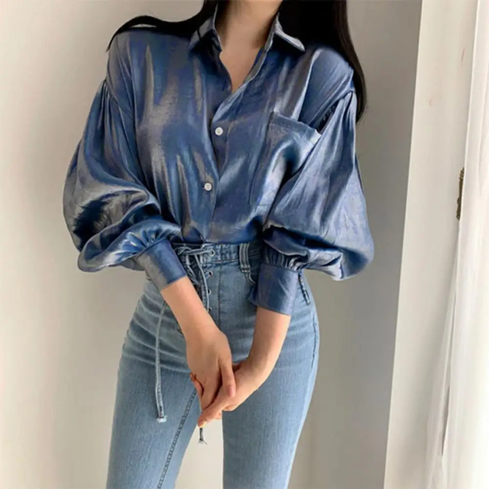 Loose Lady Shirt Patchwork Solid Color Turn-down Collar Women Blouse for Going Out