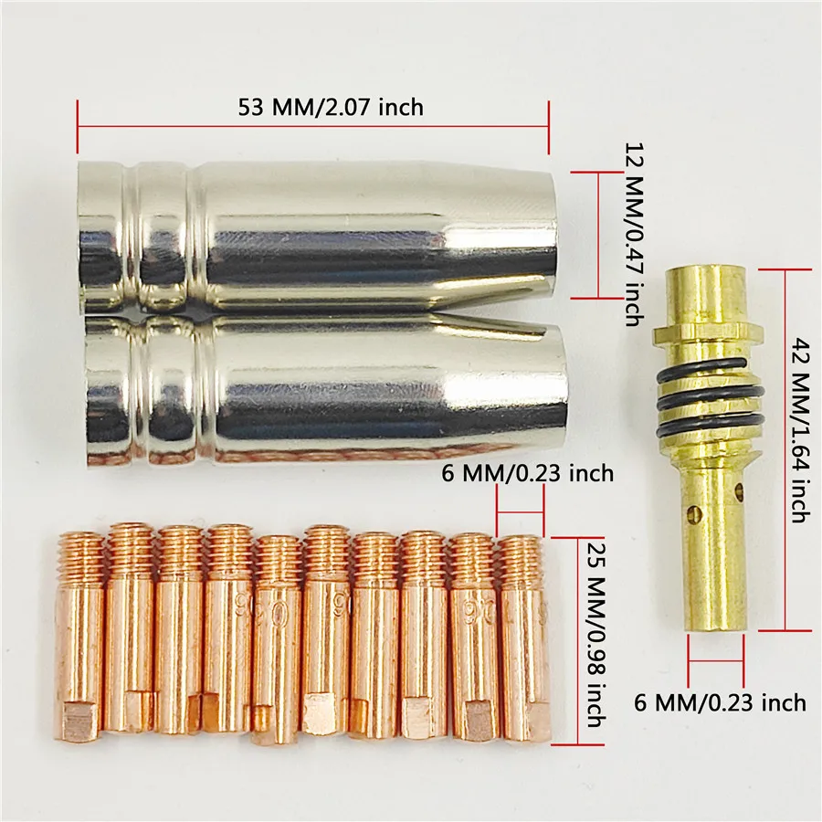 MB-15AK Argon arco soldagem tocha bocal, ponta de contato para 15AK MIG MAG, 0.6mm, 0.8mm, 0.9mm, 1.0mm, 1.2mm, 13pcs