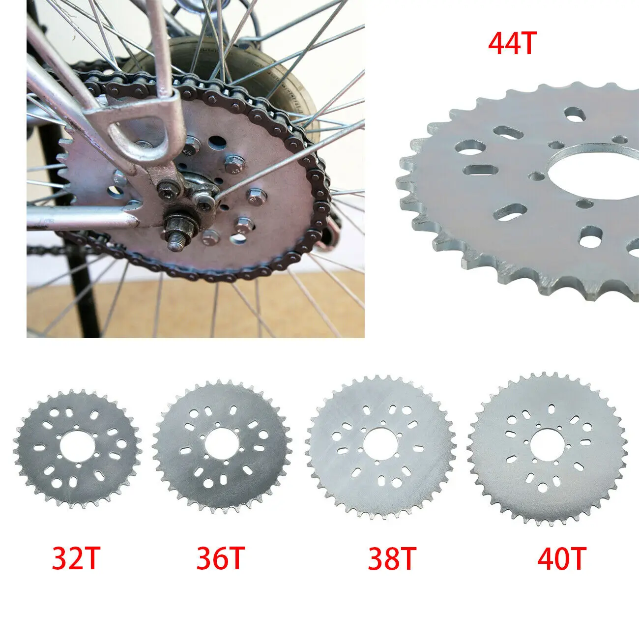 Silver CNC Sprocket 32T 36T 38T 40T 44T& Adaptor For 1.5 Inch 66cc 80cc Motorized Bicycle Bike