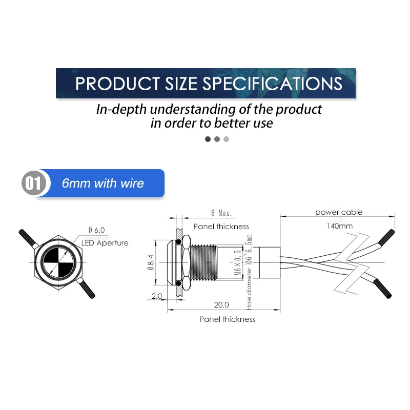 6mm LED Waterproof Metal Indicator Light Signal Lamp With Wire 3V 6V 12V 24V 110V 220V Red/Yellow/Blue/ Green/White Metal button