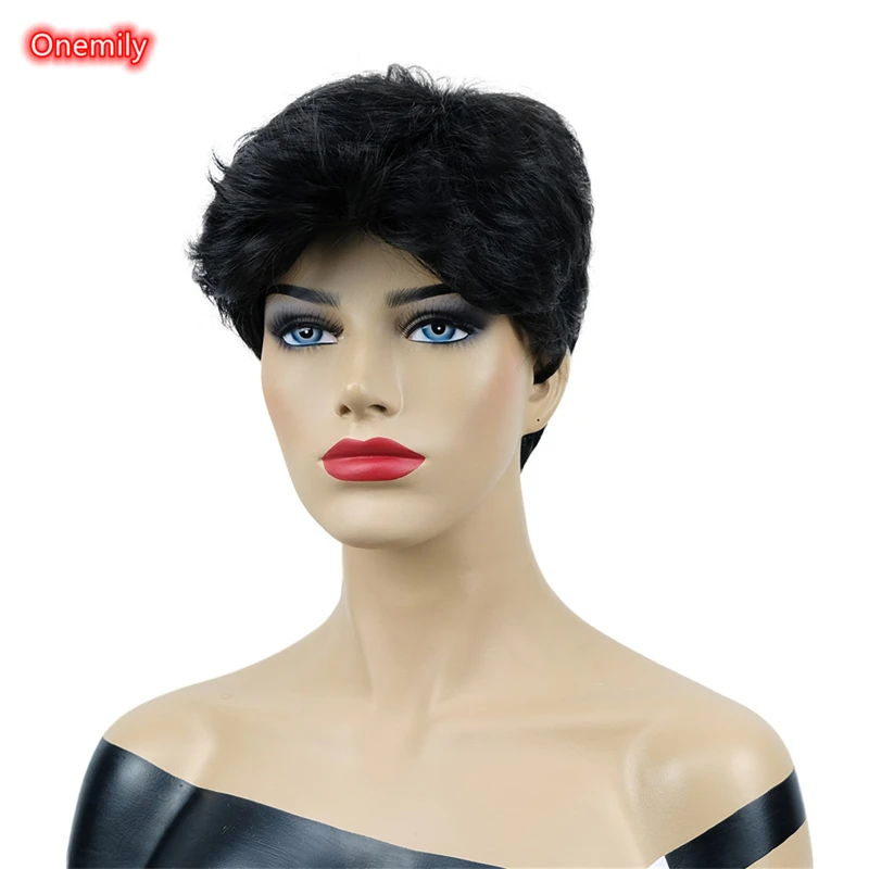 Onemily Short Layered Pixie Cut Women Wig with Bangs Straight Smooth Natural Hair Wigs for Daily Use