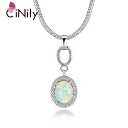 CiNily White Fire Opal Necklaces & Dangle Pendants With Stone Silver Plated Filled Oval Charm Luxury Fully-Jewelled Woman Gift