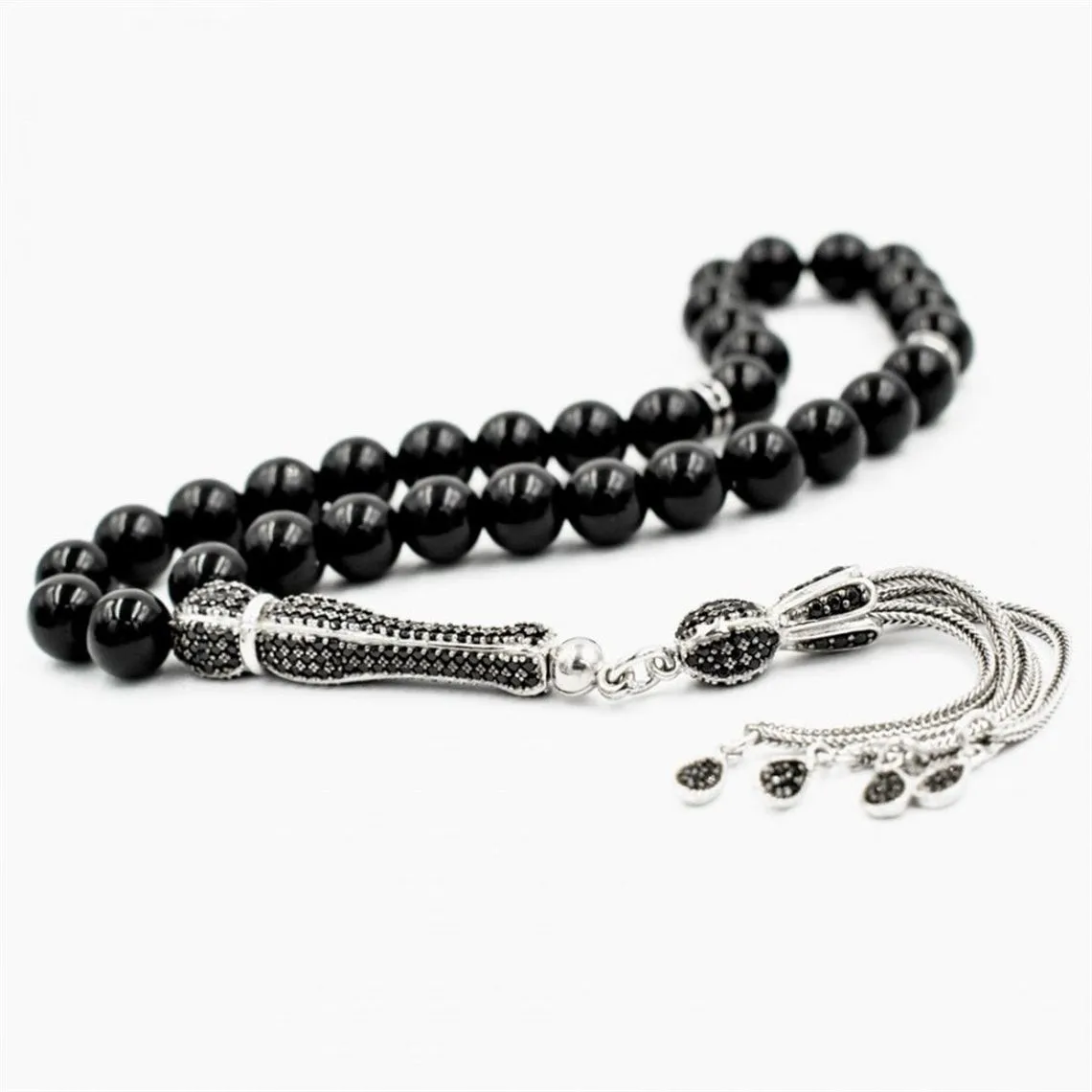 925 Sterling Silver Black Onyx 33 Piece Tasbih Special Design Islamic Gift, Masterwork Muslim Prayer Beads Masbaha, Subha