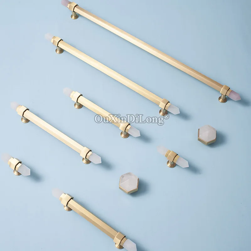 1PCS Luxury Solid Brass + Natural Crystal Knobs T Bar Handles Drawer Pulls Kitchen Cabinet Knobs and Handle Furniture Pens GF483