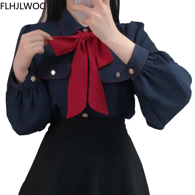 Wanita Kantor Dasar Wanita Pakaian Kerja Seksi Semi Transparan Cute Bow Tie Top Single Breasted Tombol Putih Solid Kemeja Blus