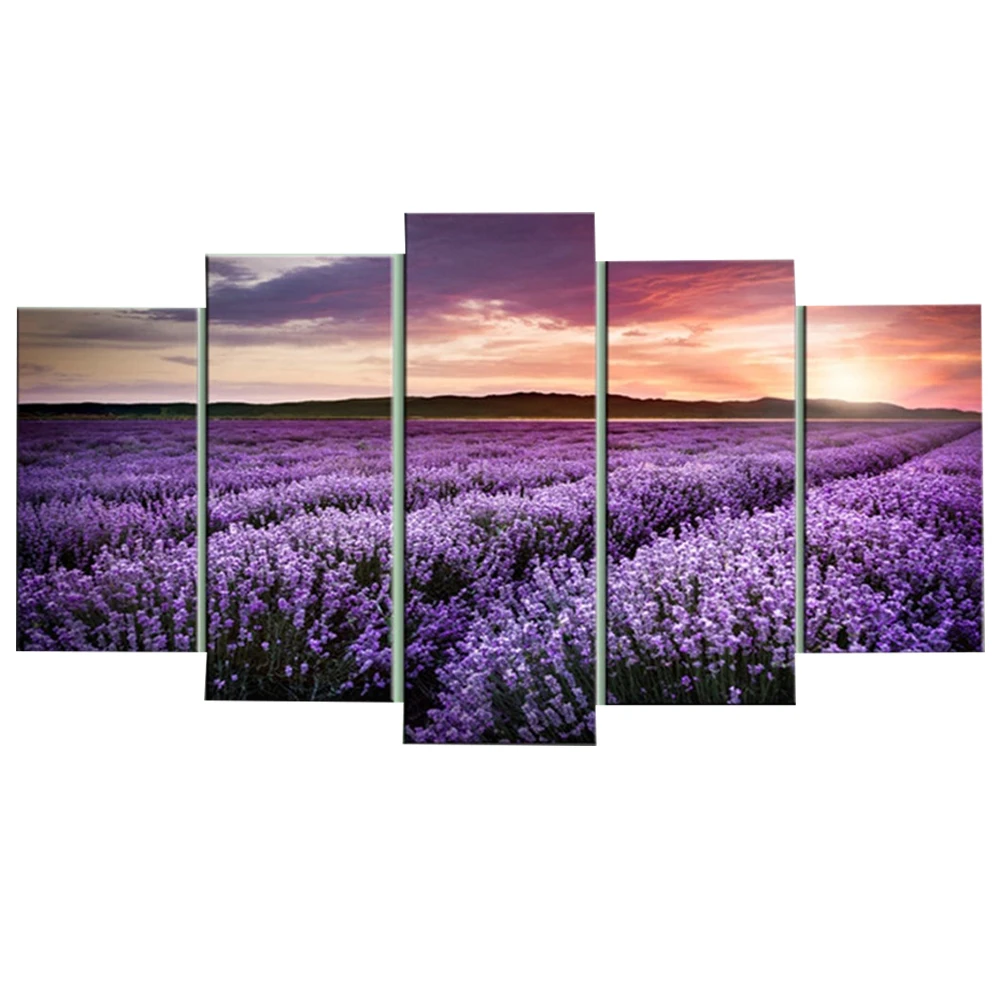 5 Piece Wall Art Canvas Painting Purple Lavender Field Sunset Landscape Poster Modern Living Room Home Decoration Picture