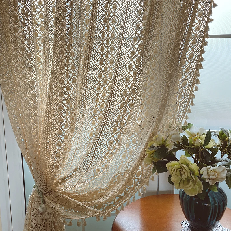 

Nordic pastoral hollow out lace crochet cotton thread weaving partition cortinas window curtain living room balcony bedroom LQ