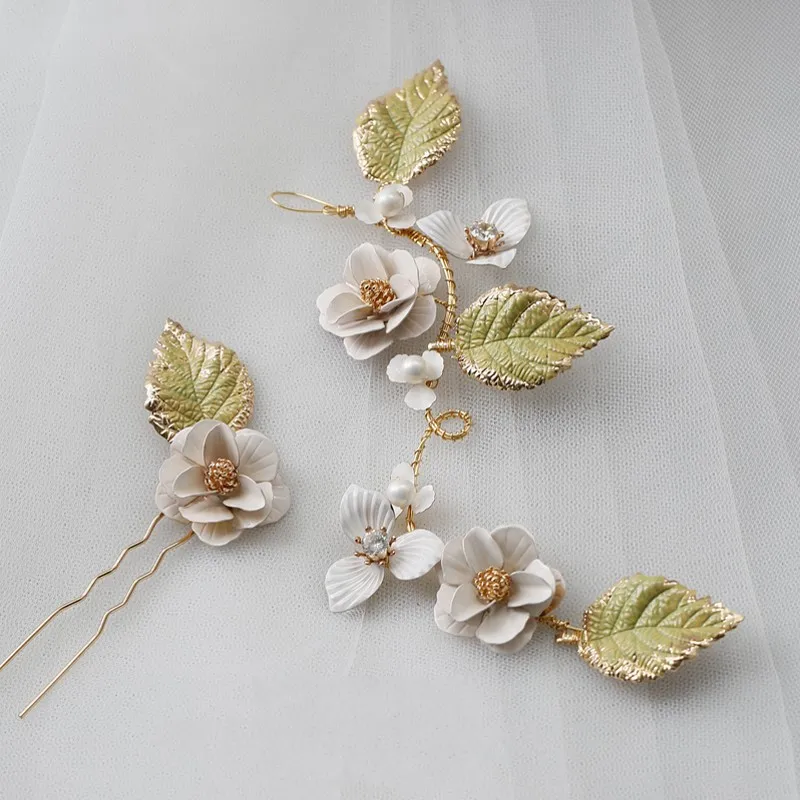 Delicate Hand Painted Floral Bridal Hair Vine Pin Green Leaf Women Headpiece Vintage Wedding Prom Hair Ornament