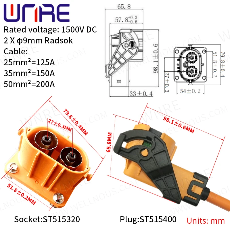 1Pcs 125/150/200A DC 1500V HV Connector High Voltage Connector 1/2/3P Right Angle Plugs Terminal Connector High Power Connector