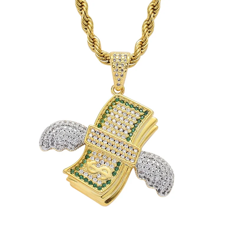 

Rhinestone Men Necklace Ice Out Cubic Zircon Hip Hop Flying Dollar Pendant Gold Color Charm Chain Jewelry