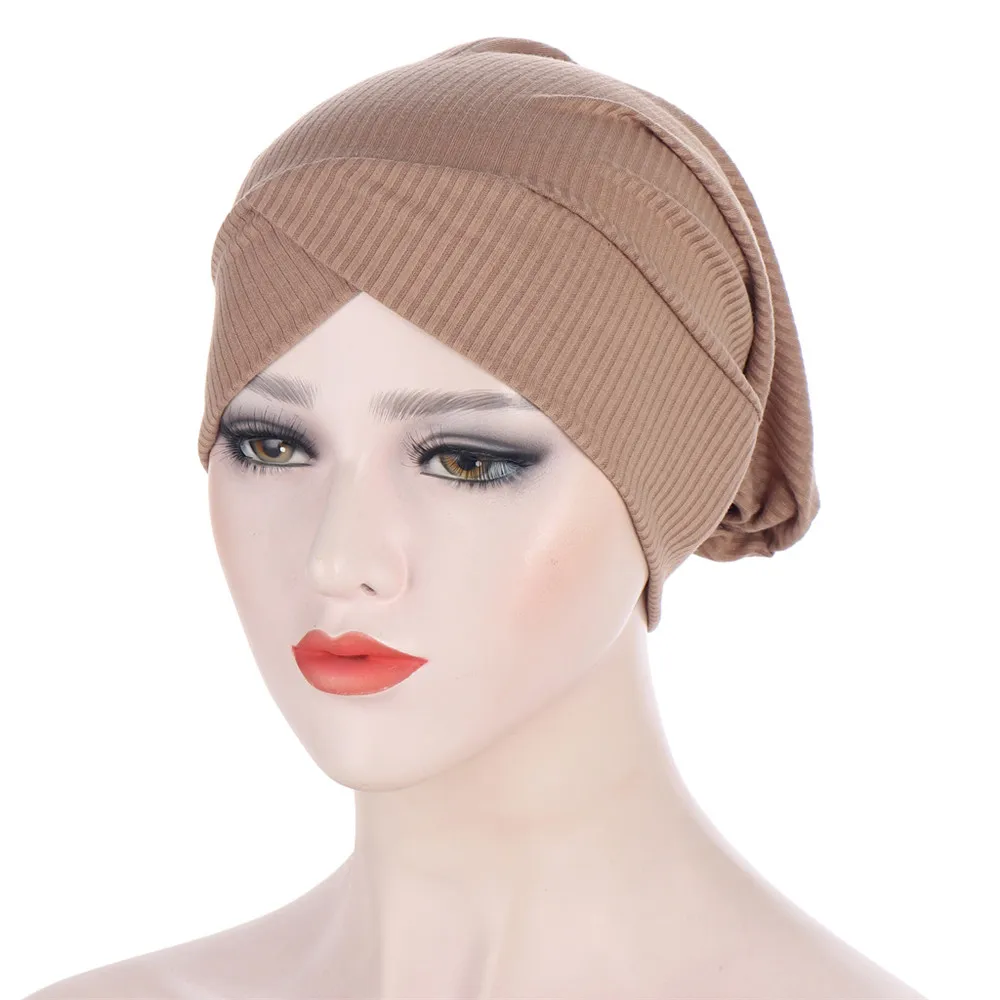 Forehead Cross Muslim Turban Solid Color Hair Loss Stretch Cotton Inner Hat For Caps Ready To Wear Women Head Scarf Under Bonnet