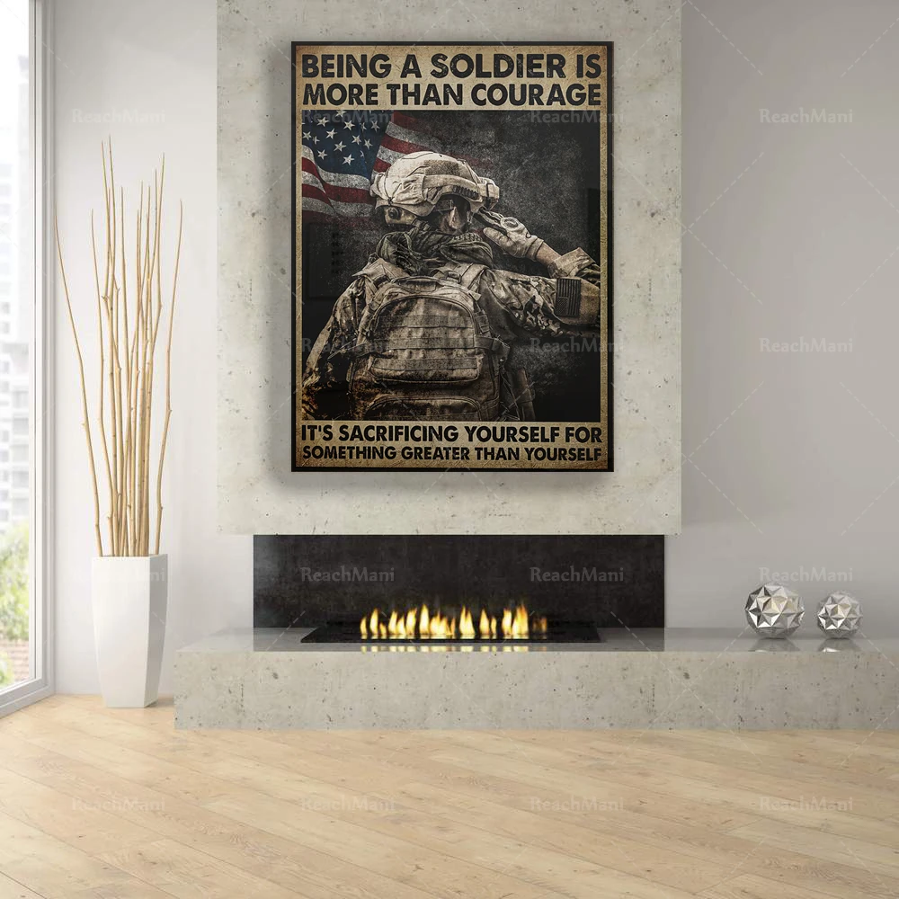 Militärisches Motivationsplakat, ein Soldat erfordert nur Mut, aber auch Selbstzufuhr, Soldatenkunstdruck, Veteranen-GIF