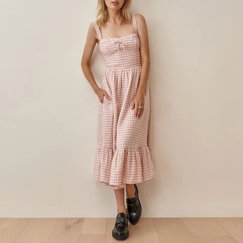 

Plaid Dress Sweet Tie Bow Elegant Ruffle Hem Checked Casual Midi Dress Sleeveless Square Neck Strap Summer Dress Women Clothing