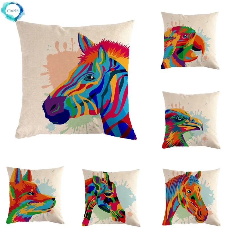 Animal Parrot Zebra Horse Hand Painted Watercolor Decorative Cushion Cover Cotton Linen Sofa Pillow Case Home Decor Pillow Cover