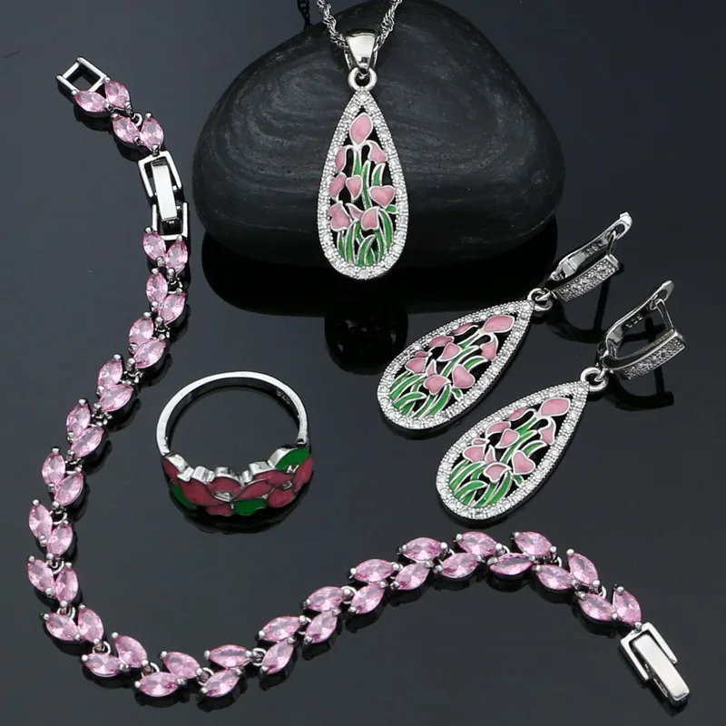 

Sweet Woman Jewelry Set Pink Enamel 925 Sterling Silver Earrings Pendant Chain Ring Bracelet Wedding Accessories