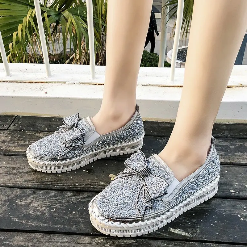 Pink Women Shining Rhinestone Loafers Bowknot Slip-on Thick Botton Casual Ladies Crystal Shoes Female Platform Shoes