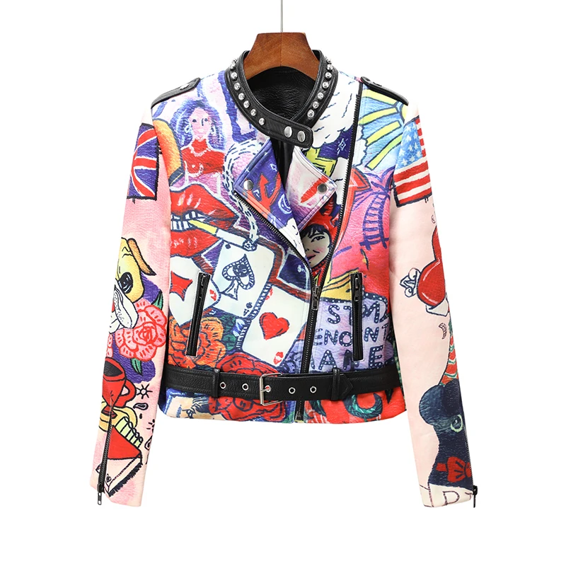 Jaqueta de couro PU para mulheres, casacos punk hipster, estilo moto, estamparia de rebites, nova, primavera e outono